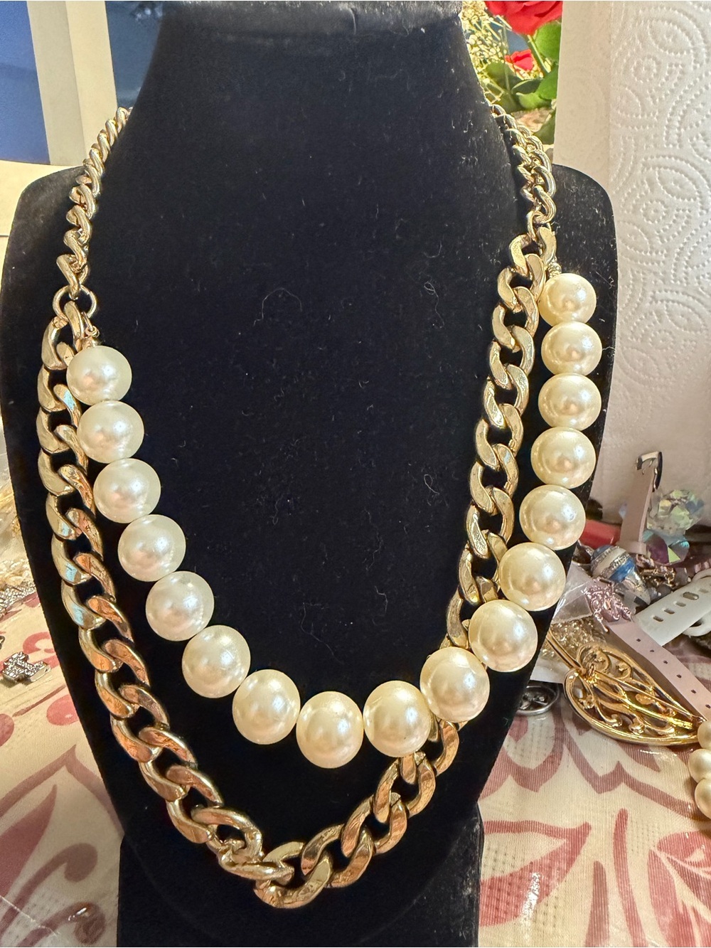 Gold Chain and Ivory Pearl Statement Necklace - Women Jewelry